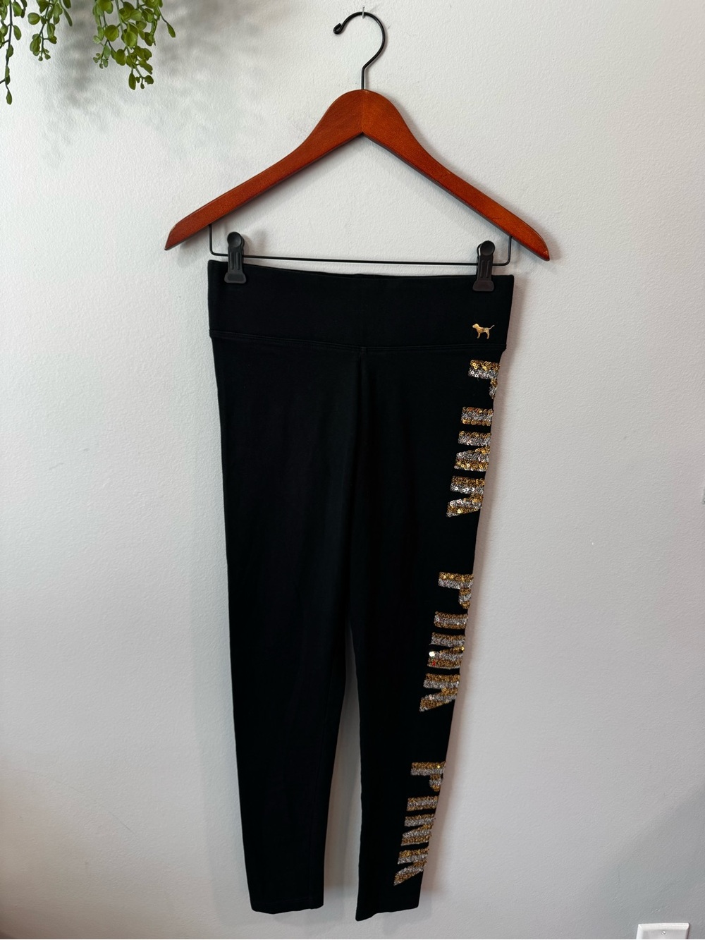 PINK Victoria's Secret Black Leggings with Gold Sequin Logo